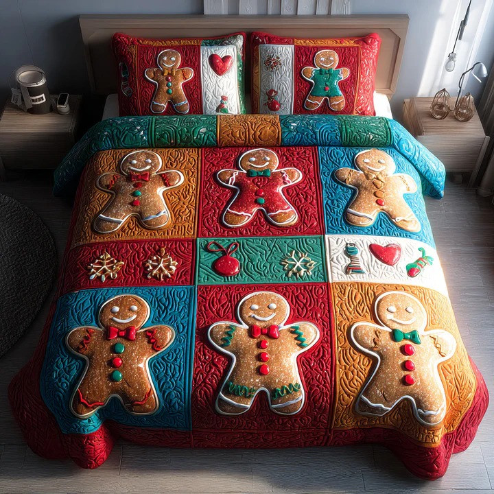 Cinnamon Spice Village 3-Piece Quilted Bedding Set Christmas Cozy Holiday Bedspread Gift Ideas