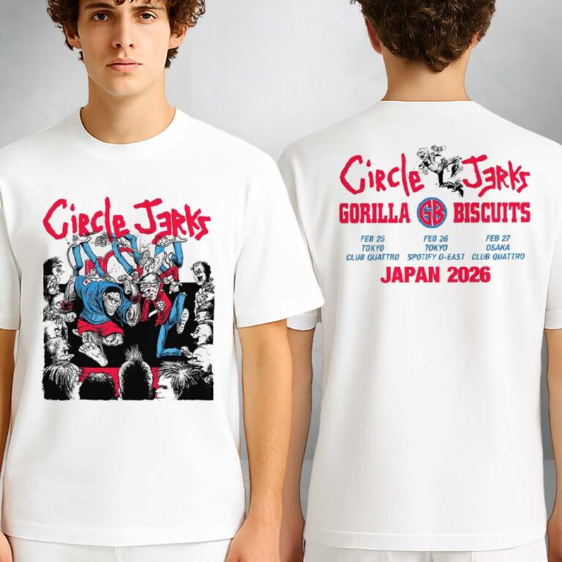 Circle Jerks Japan 2026 Tokyo Osaka Gorilla Biscuits Two Sides Tour T-Shirt Circle Jerks Merch Circle Jerks Japan 2026 Tokyo Osaka Gorilla Biscuits Two Sides Tour T-Shirt Circle Jerks Merch