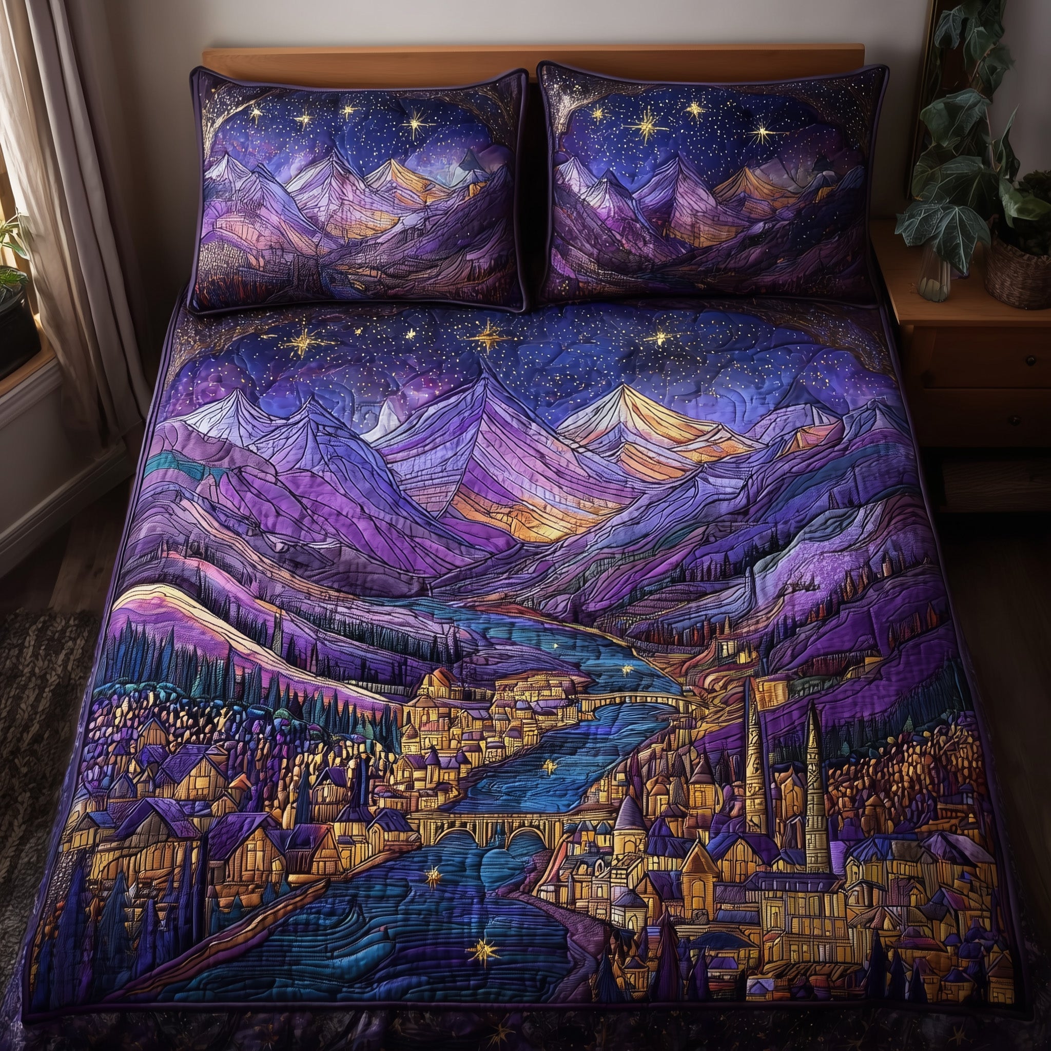City of Starlight Quilted Bedding Set Duvet Cover Bedspread Book Lovers Gifts Mother's Day