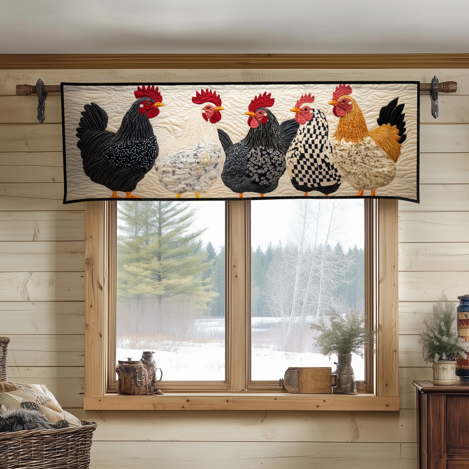Classic Black White Chickens Quilted Valance Farmhouse Window Valance Quilted Christmas Gifts For Farmers