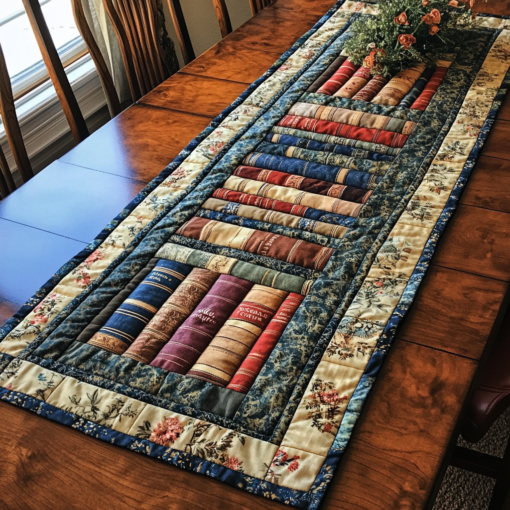 Classic Bookshelf Quilted Table Runner Dining Room Centerpieces Gift Ideas For Book Lovers