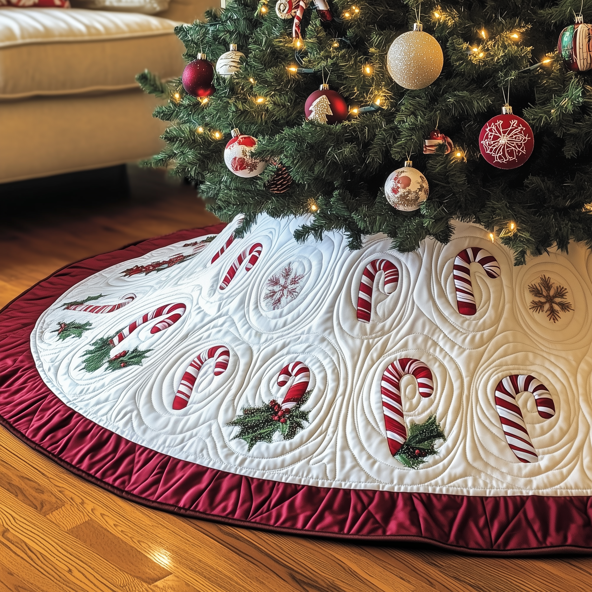 Classic Candy Canes Quilted Tree Skirt Warm And Cozy Holiday Decor Christmas Tree Decor