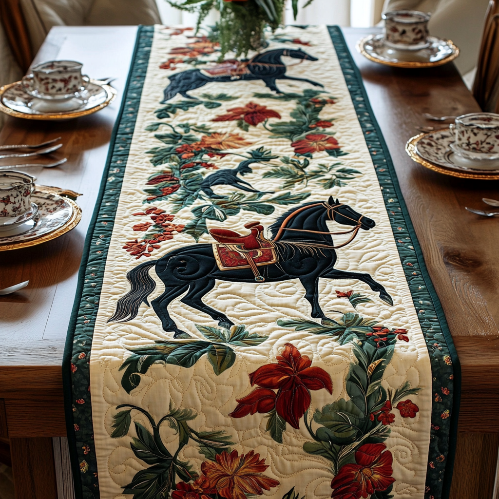 Classic Cavalry Quilted Table Runner Dining Decor Gifts For Equestrian Riders