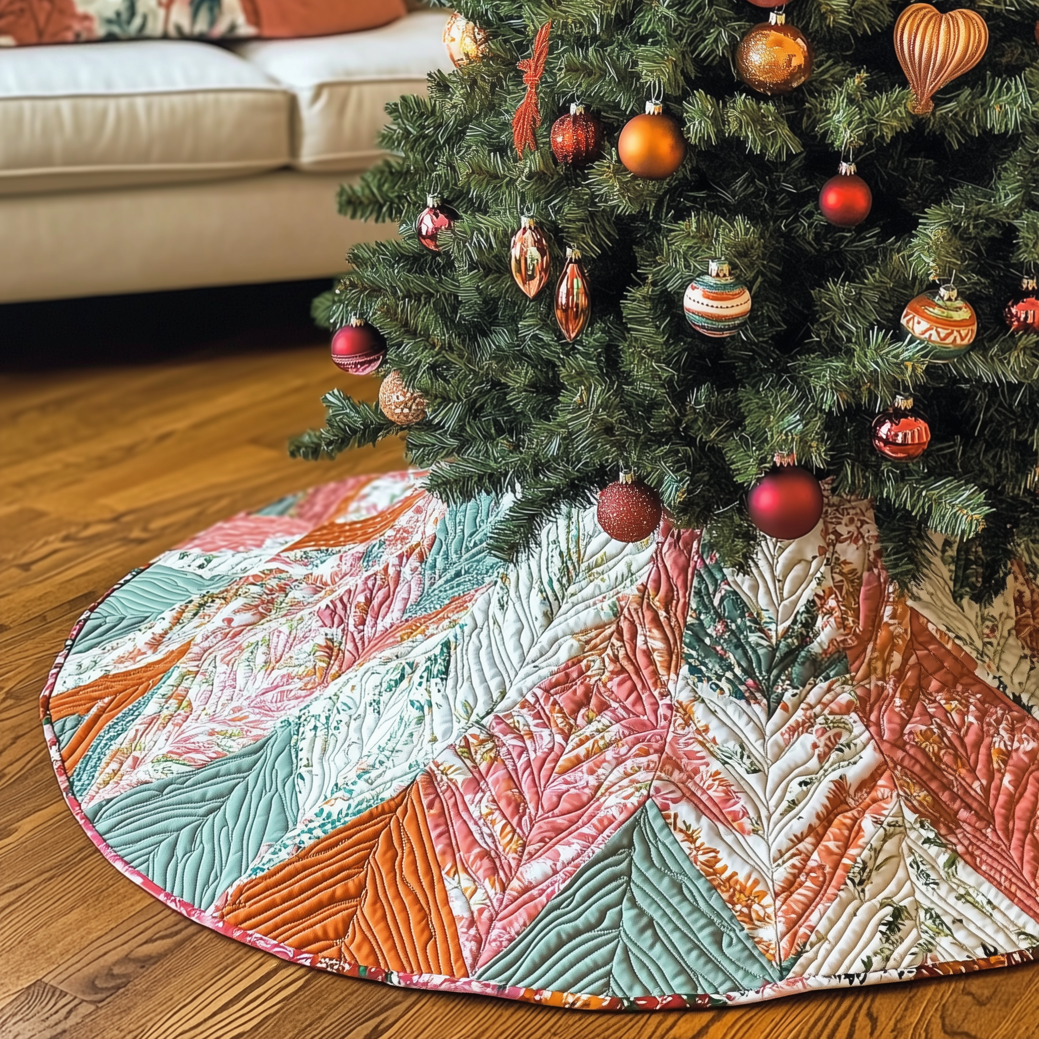 Classic Chevron Patchwork Quilted Tree Skirt Family Holiday Gathering Decor Holiday Tree Base Decoration
