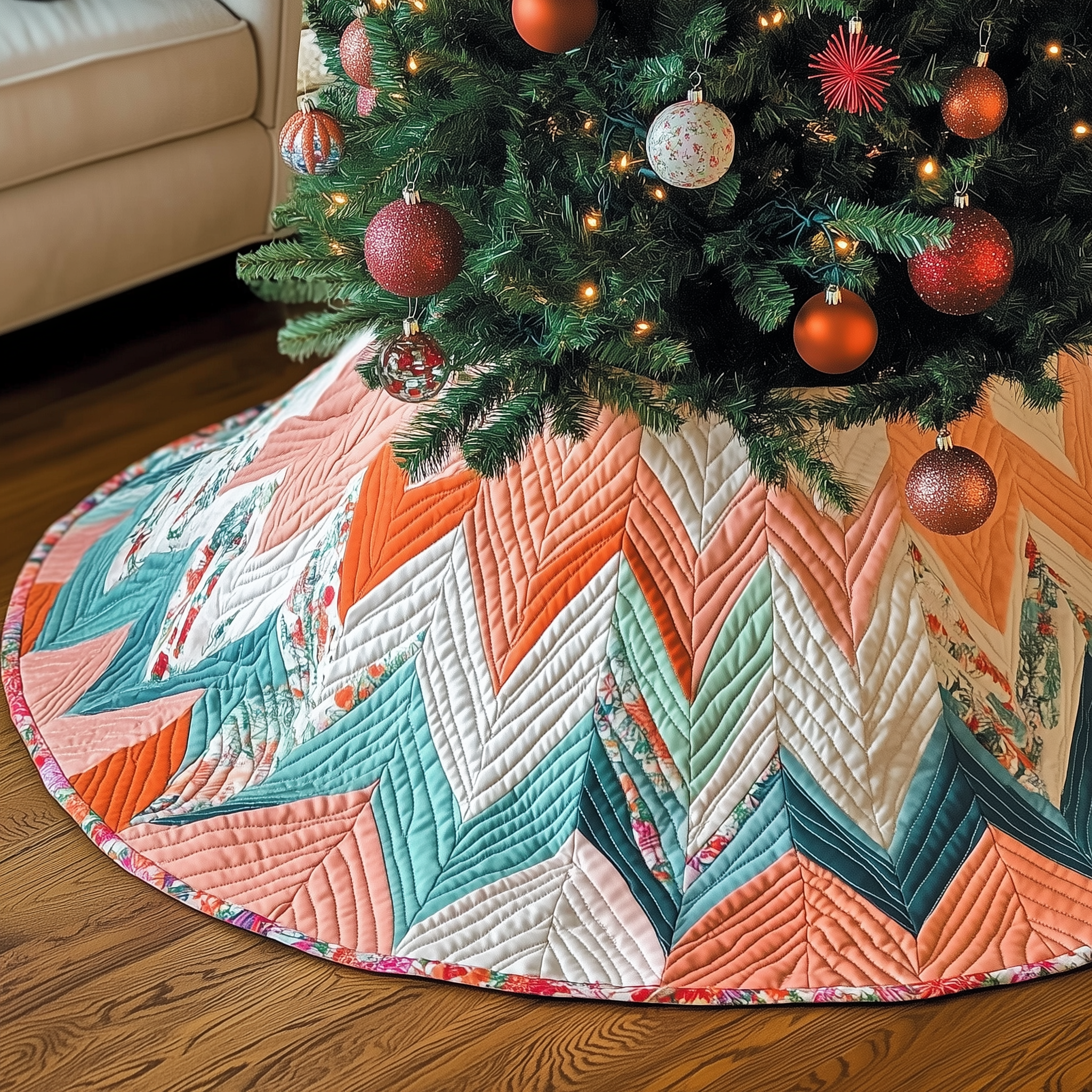 Classic Chevron Patchwork Quilted Tree Skirt Festive Christmas Home Styling Festive Tree Base Cover