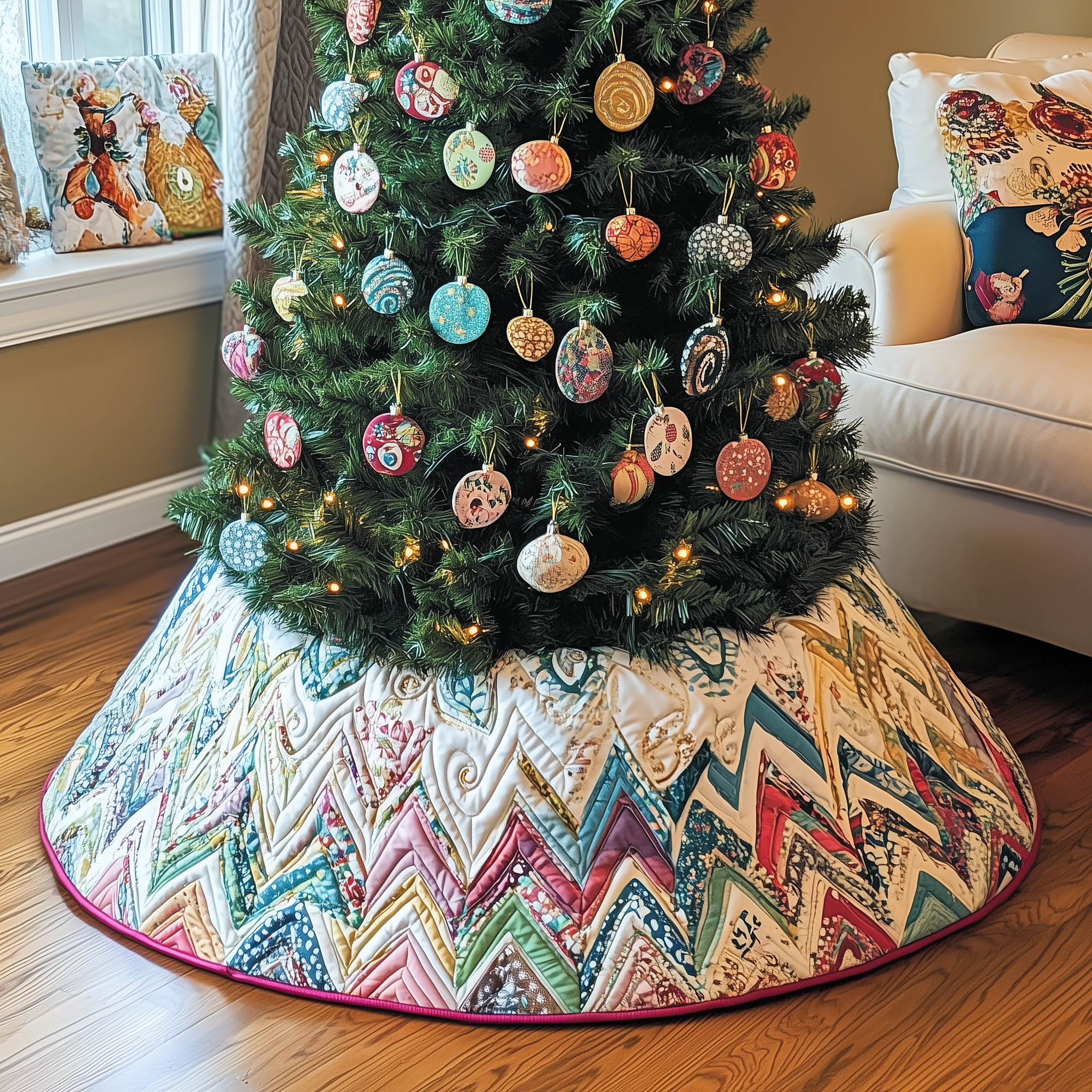 Classic Chevron Patchwork Quilted Tree Skirt Holiday Living Room Decor Winter Holiday Decor