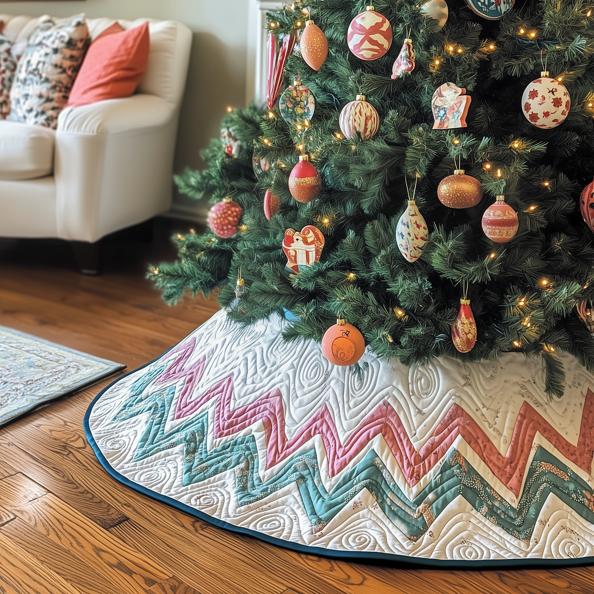 Classic Chevron Patchwork Quilted Tree Skirt Seasonal Tree Area Decoration Xmas Under-Tree Decoration