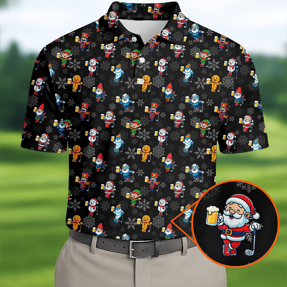 Classic Christmas Characters Black Golf Shirt Christmas Golf Shirt Fun Golf Shirts For Men Polo Shirts For Men