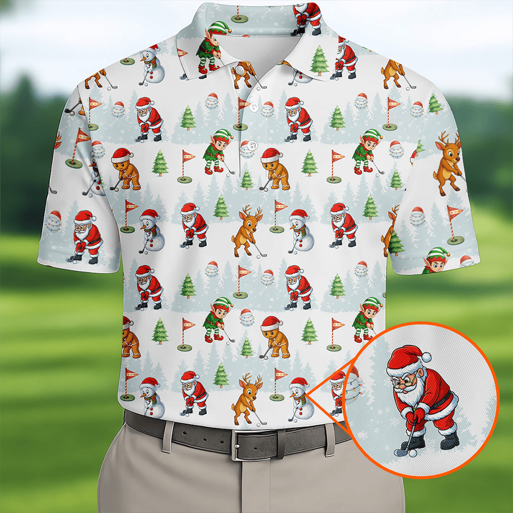 Classic Christmas Characters Golf Tops For Men Cute Golf Outfit Fun Golf Shirts For Men Christmas Golf Shirt