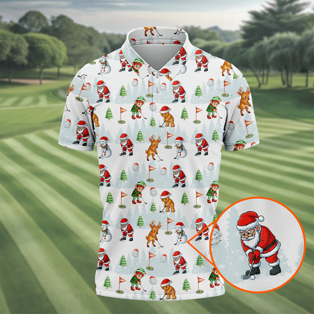 Classic Christmas Characters Golf Tops For Men Cute Golf Outfit Fun Golf Shirts For Men Christmas Golf Shirts