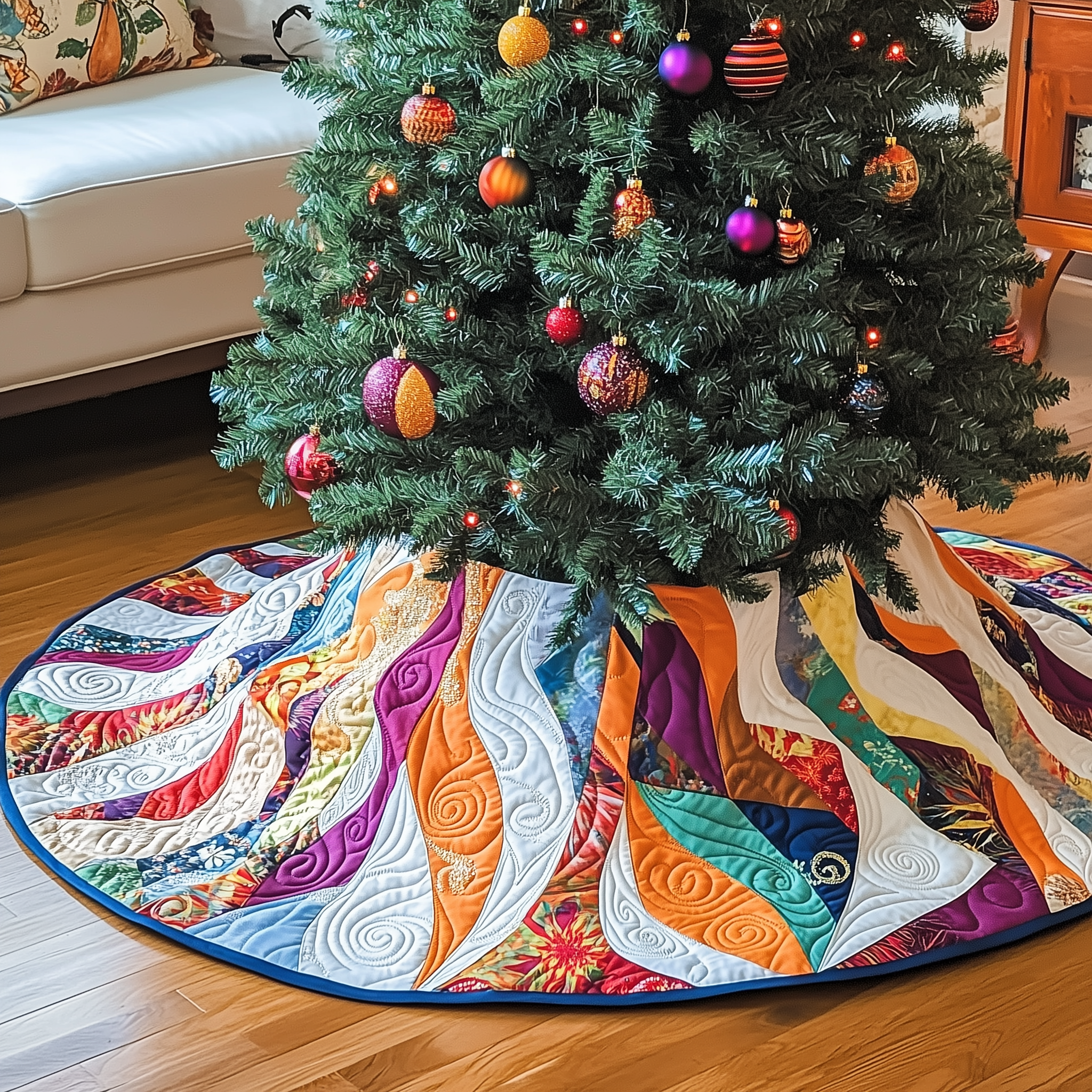 Classic Colorful Patchwork Quilted Tree Skirt Unique Gift Merch For Friends