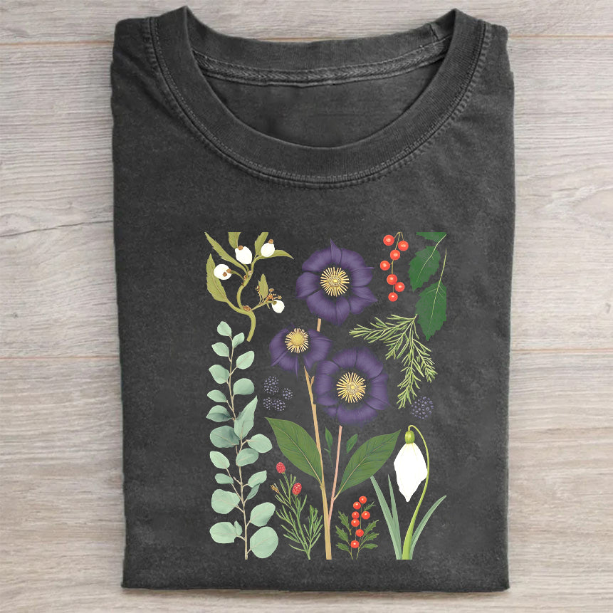 Classic Crew Neck T-Shirt Black Floral Bouquet Print For Casual Wear Fashion Merch Best Gift For Women