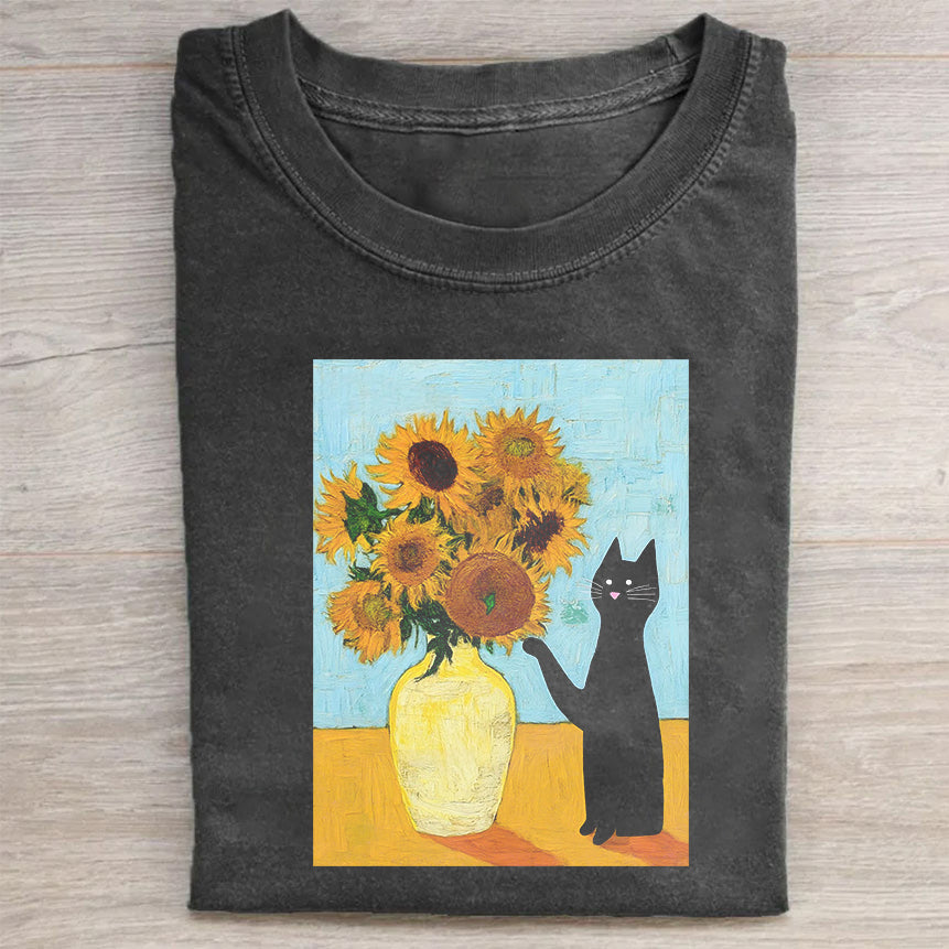 Classic Crew Neck T-Shirt Black Sunflowers And Cat Art Print Creative Cat Merch Best Gift For Pet Lovers