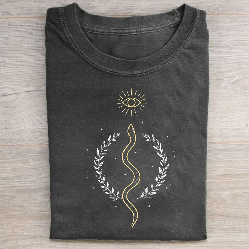 Classic Crew Neck T-Shirt Black With Gold Snake And Laurel Wreath Print For Casual Wear Unique Merch