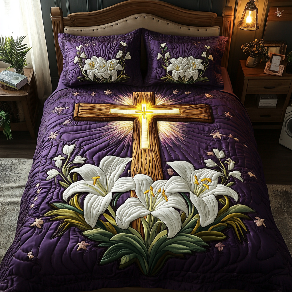 Classic Cross Quilted Bedding Set Bed Room Decoration Christian Gifts For Friends