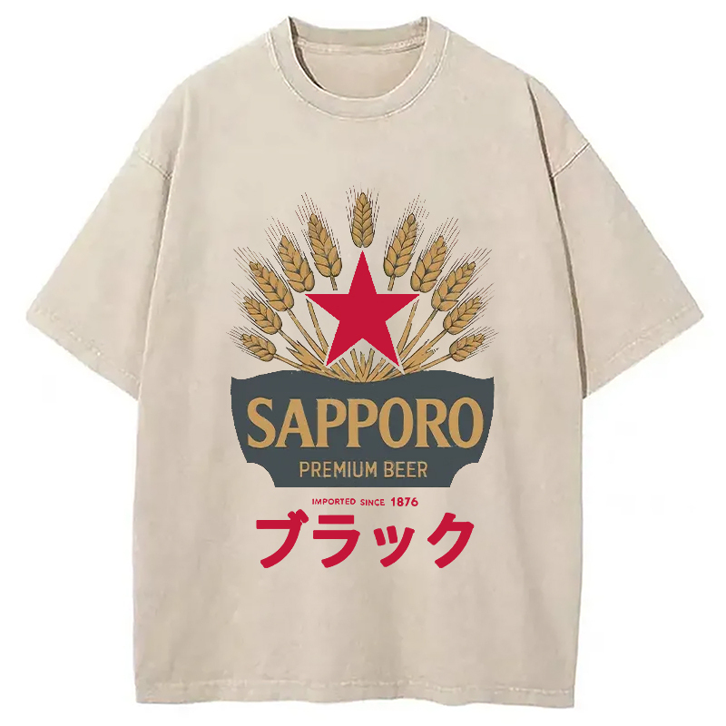 Classic Japanese Beer Washed T-Shirt Retro Streetwear Graphic Top Gifts For Him