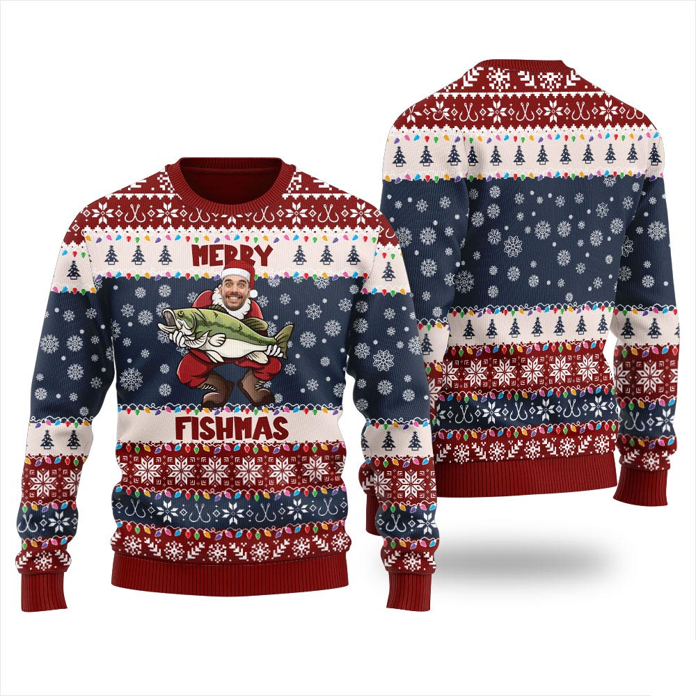 Classic Merry Fishmas Custom Face Ugly Christmas Sweater Nice Christmas Sweaters For Men