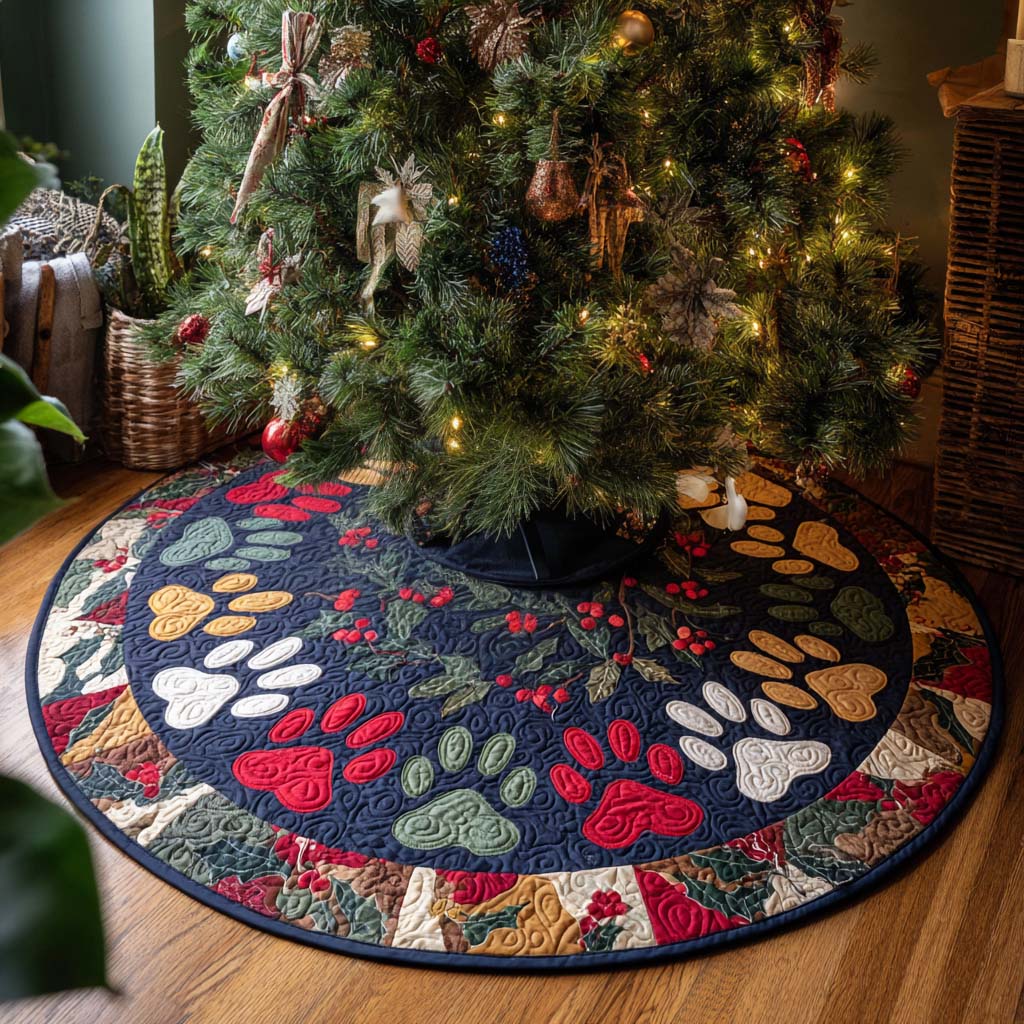 Classic Paws Christmas Quilted Tree Skirt Xmas Decorations Gift For Animal Lover