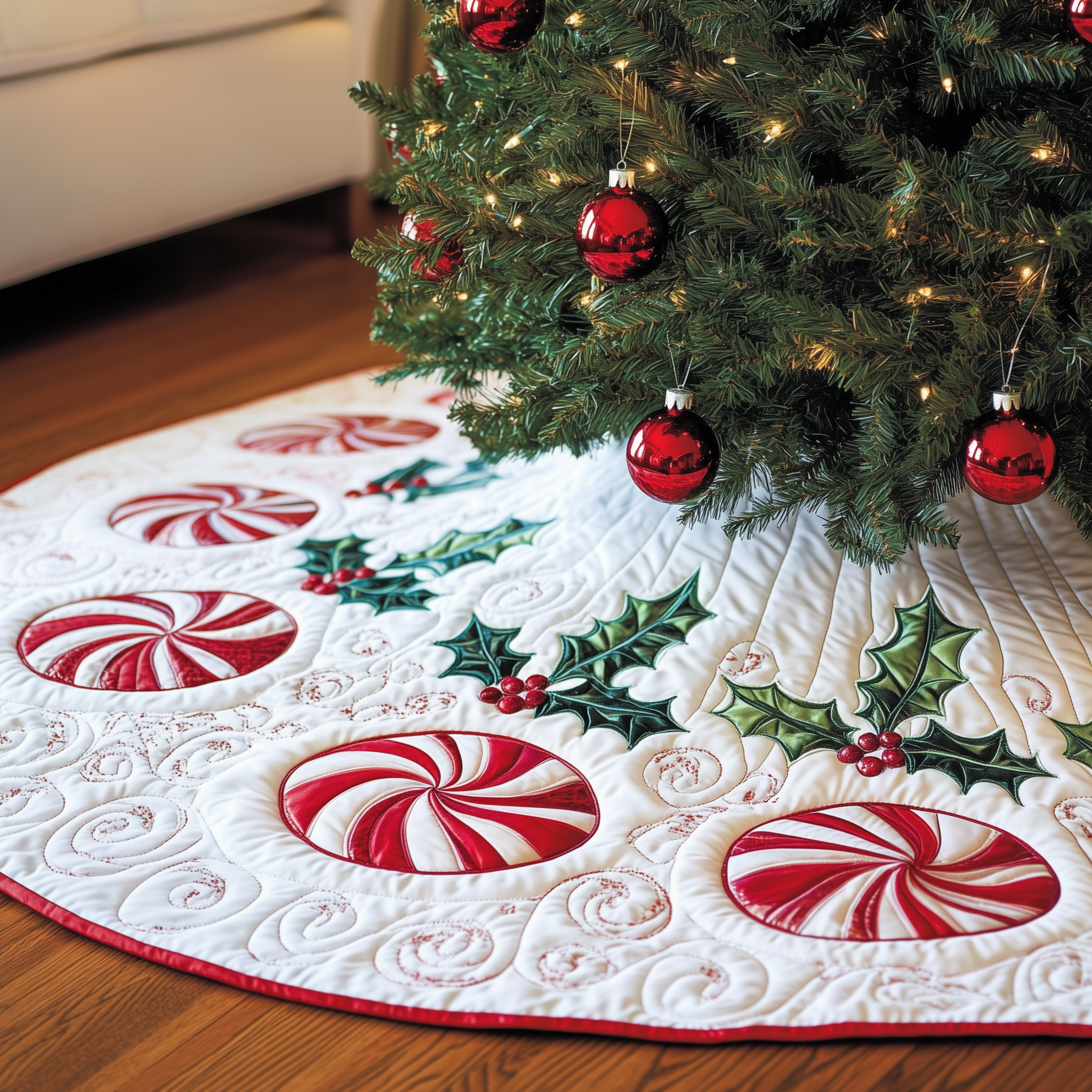 Classic Peppermint Candy Quilted Tree Skirt Charming Holiday Home Merch