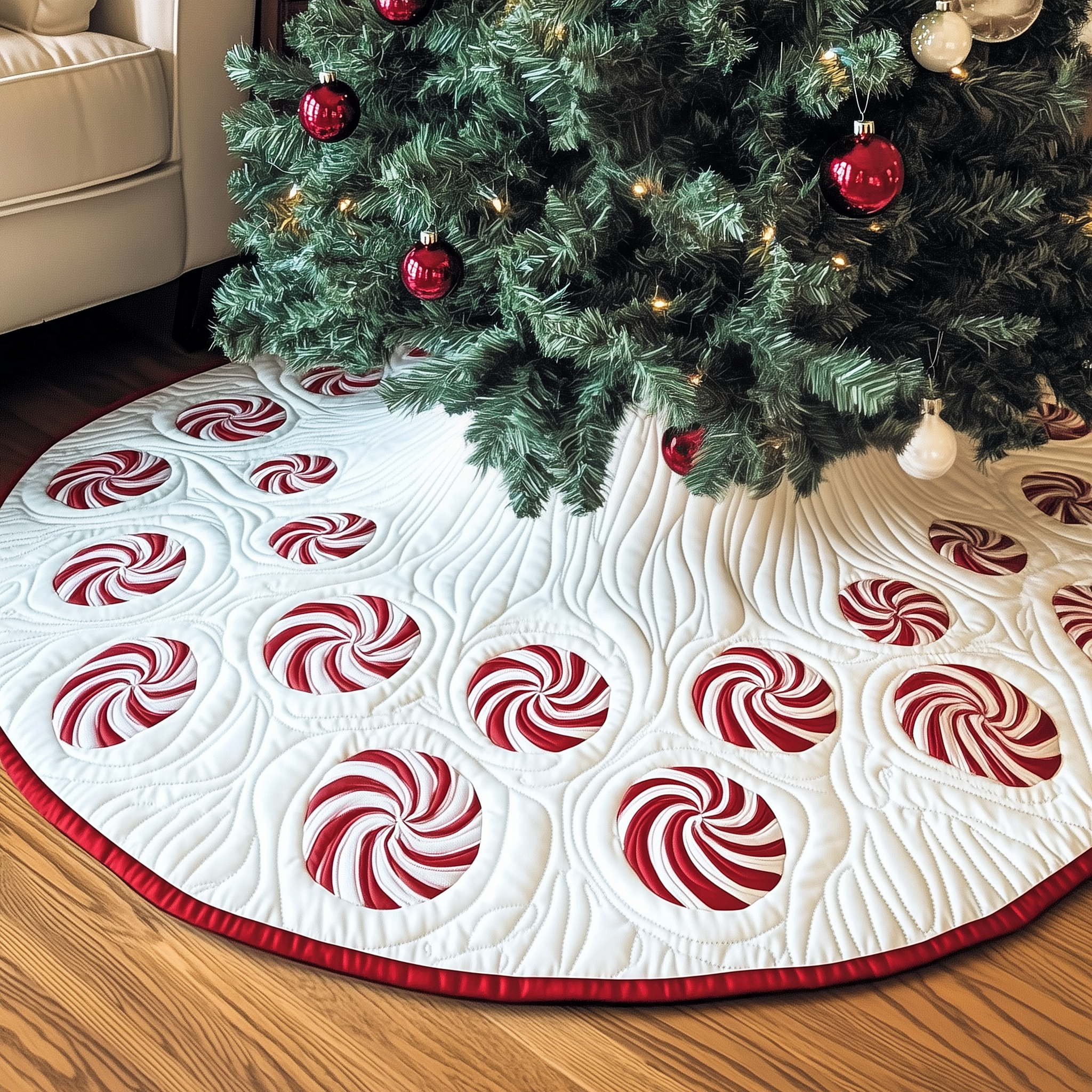 Classic Peppermint Candy Quilted Tree Skirt Festive Living Room Merch