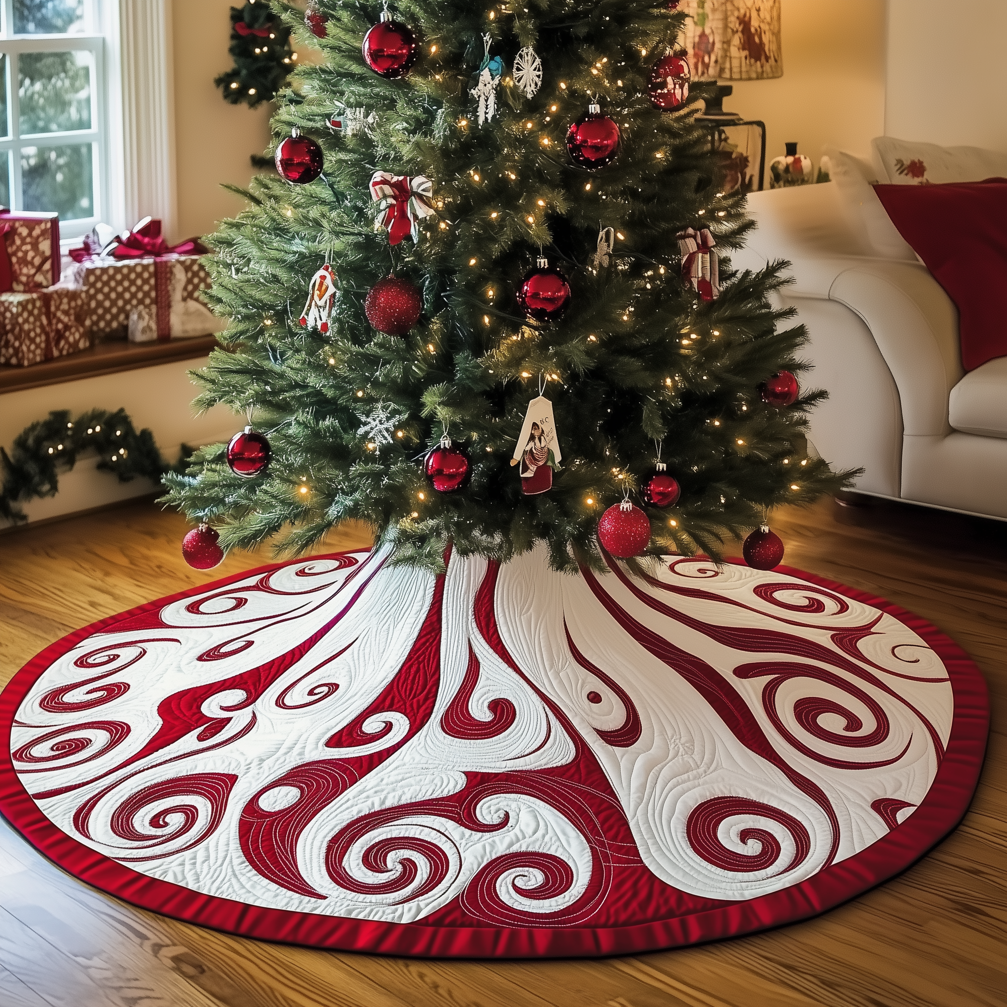 Classic Peppermint Candy Quilted Tree Skirt Festive Tree Base Cover Festive Christmas Home Styling