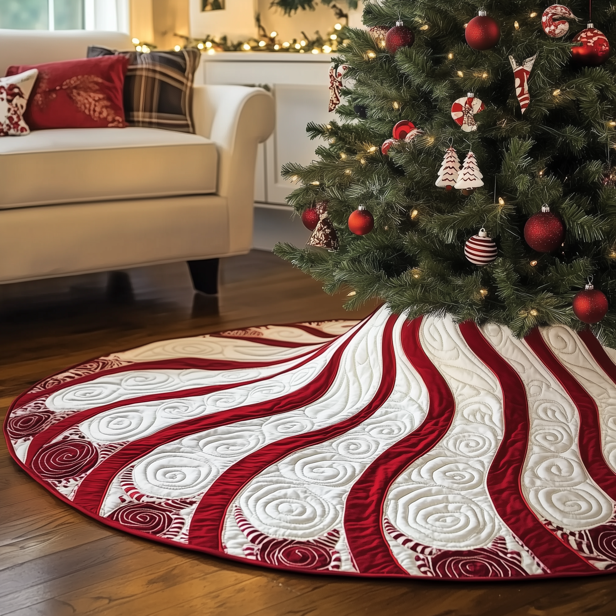 Classic Peppermint Candy Quilted Tree Skirt Holiday Tree Base Decoration Family Holiday Gathering Decor
