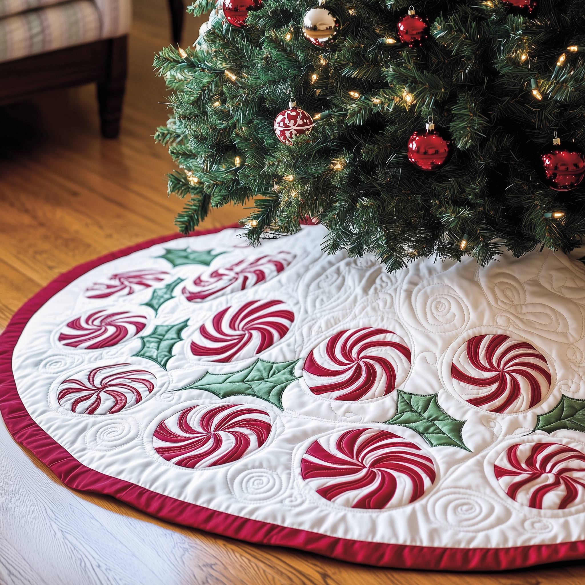 Classic Peppermint Candy Quilted Tree Skirt Magical Christmas Spirit Merch