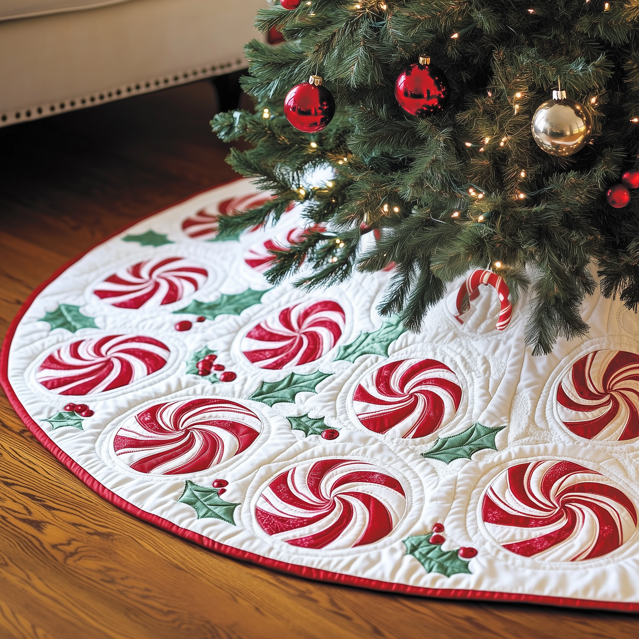 Classic Peppermint Candy Quilted Tree Skirt Warm And Cozy Holiday Decor Christmas Tree Decor