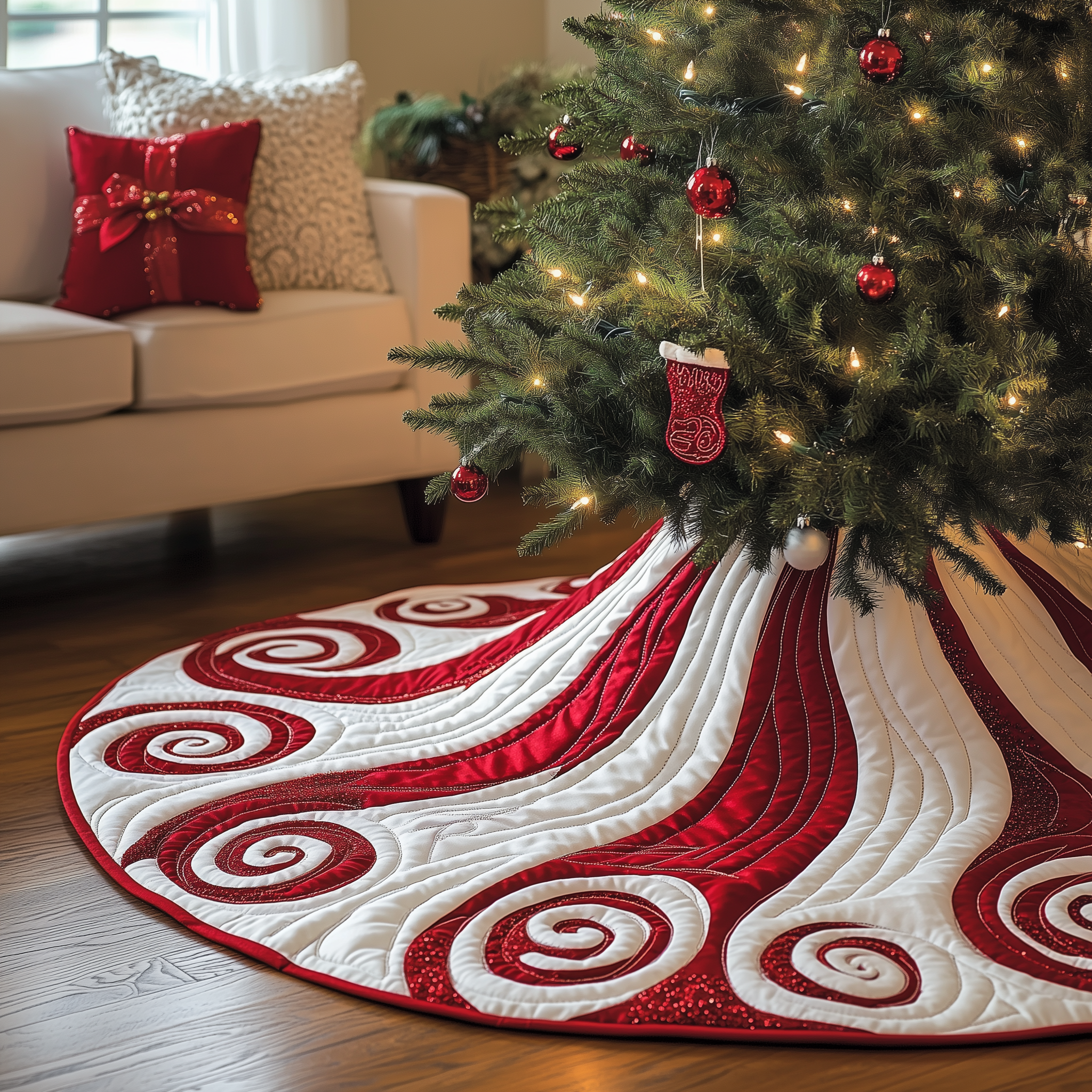 Classic Peppermint Candy Quilted Tree Skirt Xmas Under Tree Decoration Seasonal Tree Area Decoration