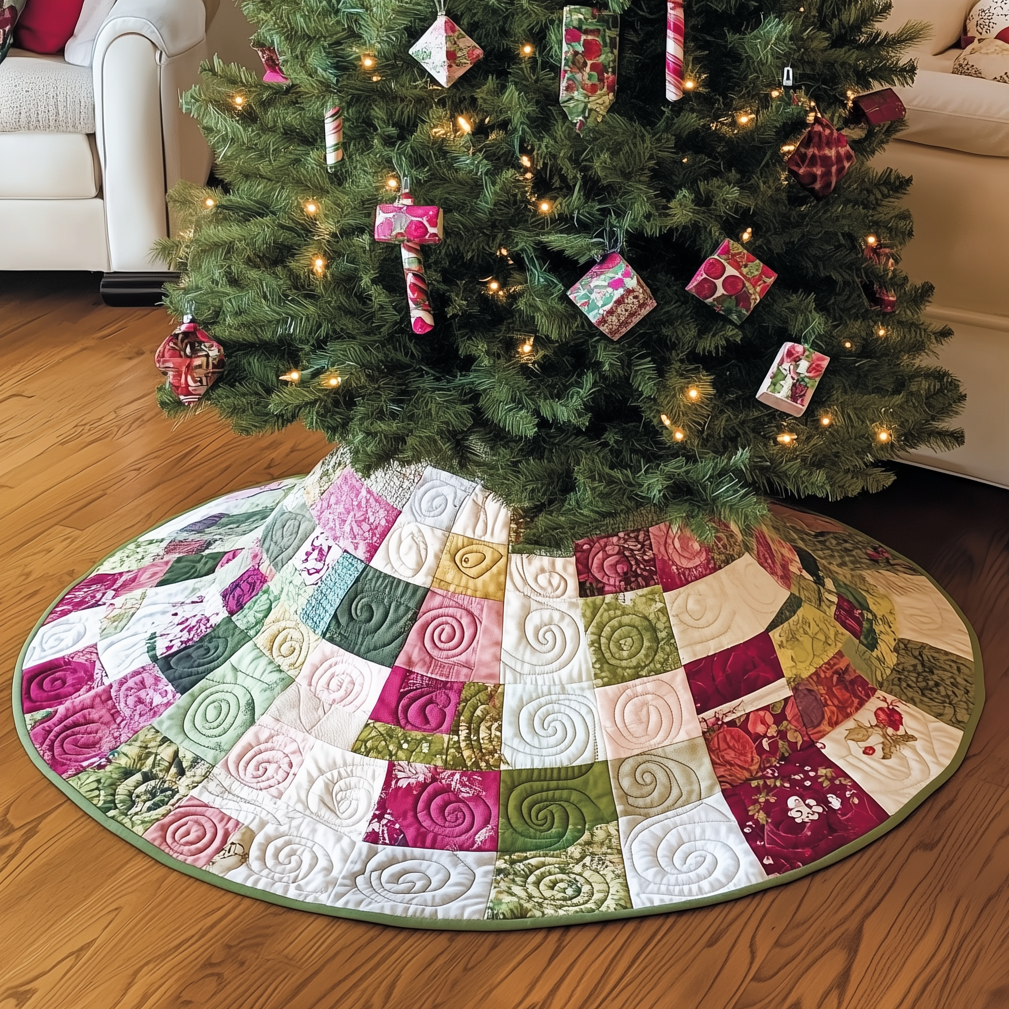 Classic Pink Green Patchwork Quilted Tree Skirt Charming Tree Skirt Gift Idea