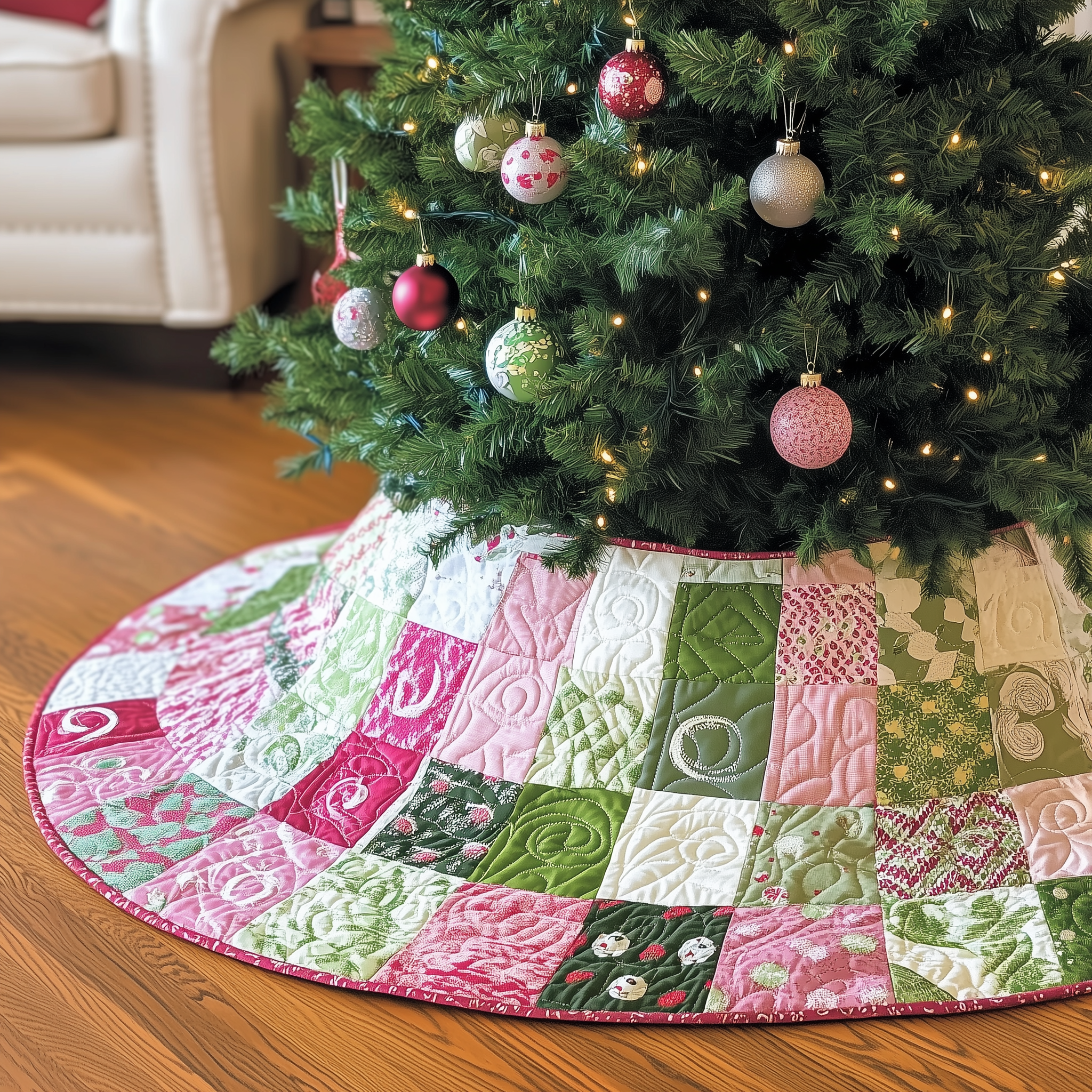Classic Pink Green Patchwork Quilted Tree Skirt Family Holiday Gathering Decor Holiday Tree Base Decoration