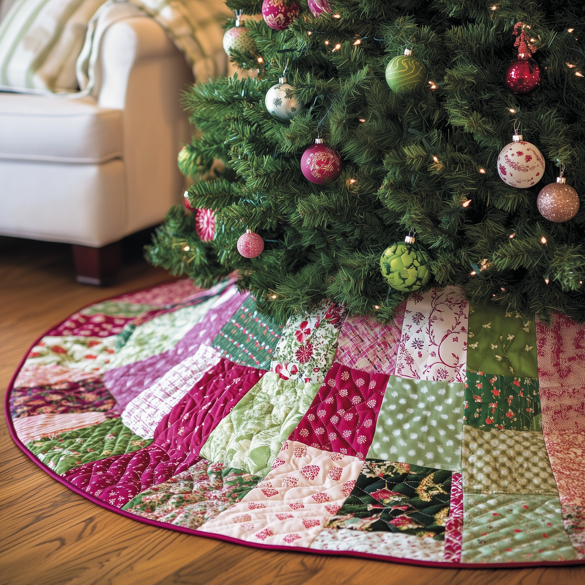 Classic Pink Green Patchwork Quilted Tree Skirt Holiday Party Decor for Home Under-Tree Christmas Decor