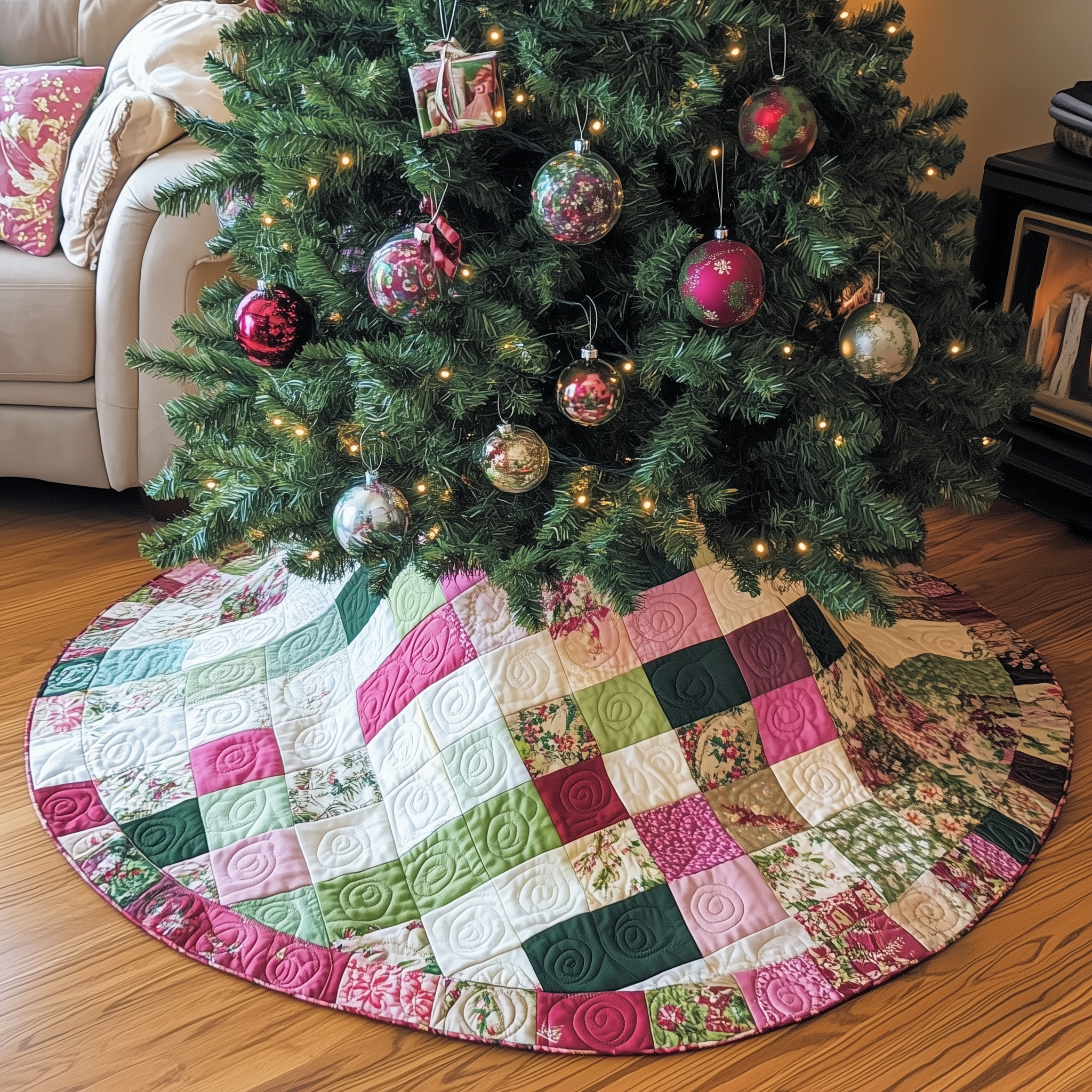 Classic Pink Green Patchwork Quilted Tree Skirt Joyful Home Merch Collection