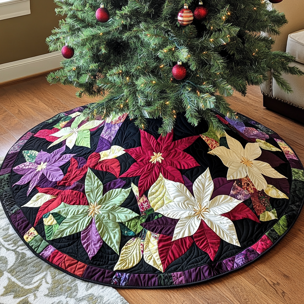 Classic Poinsettia Christmas Quilted Tree Skirt Adorable Holiday Tree Skirt for Cozy Spaces