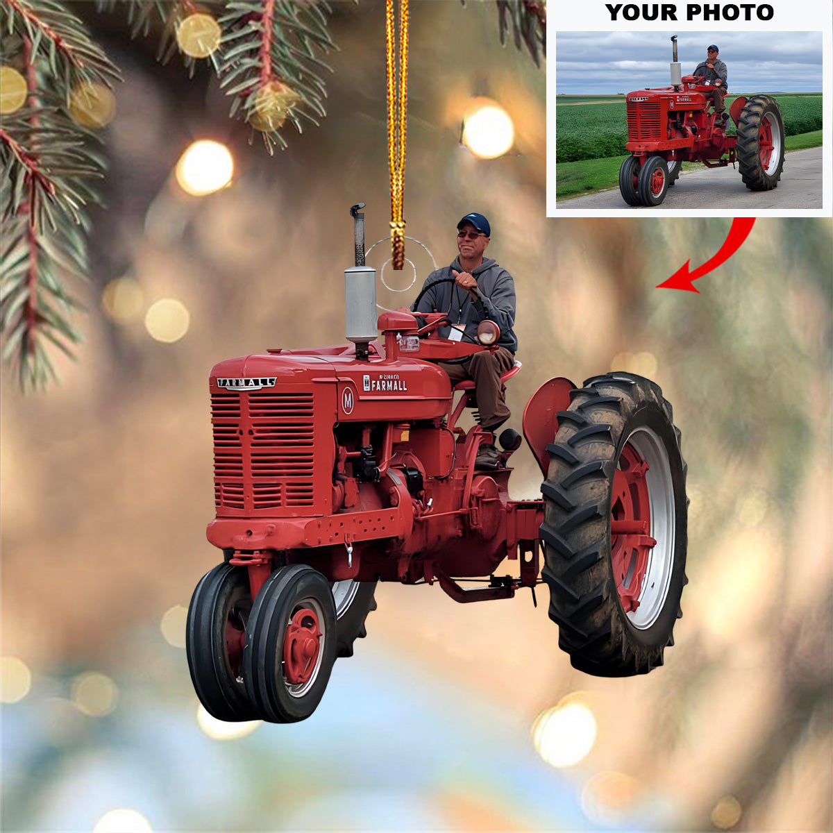 Classic Red Tractor Personalized Photo Mica Ornament Christmas Gift For Family Members