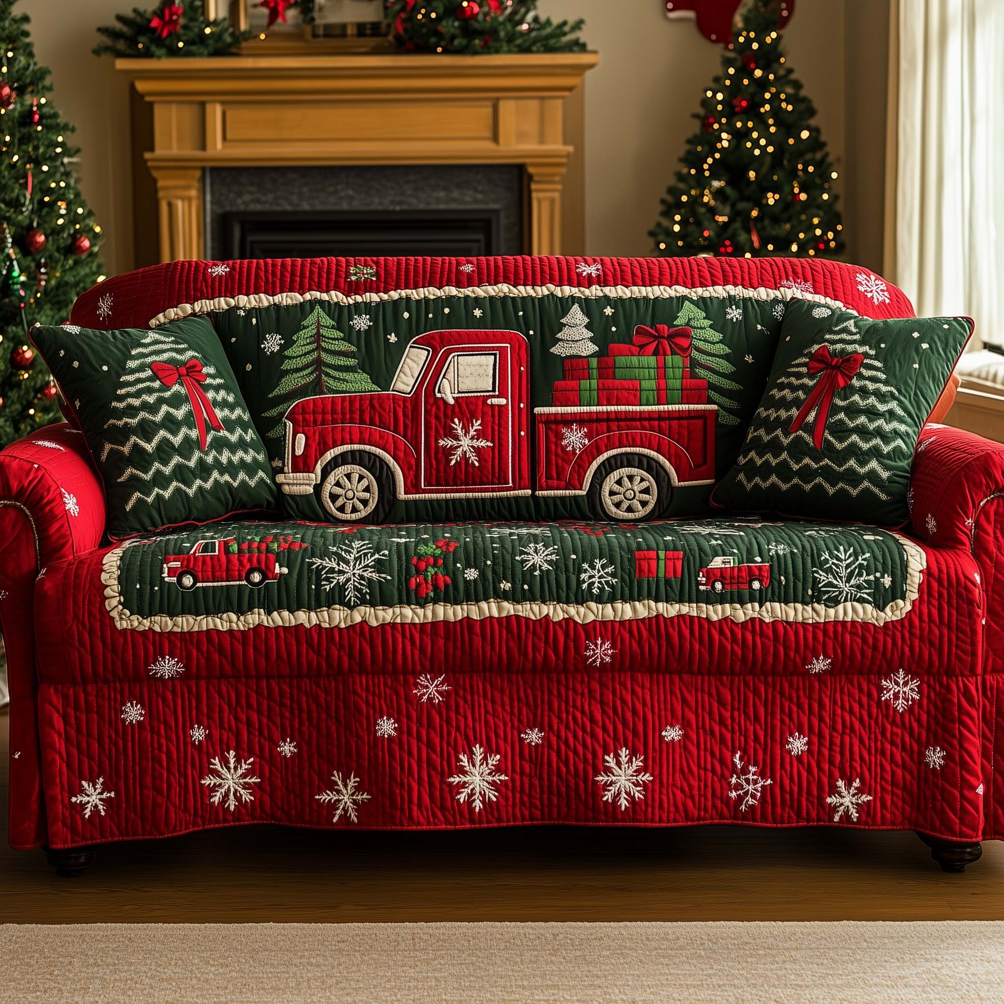 Classic Red Truck Quilted Sofa Cover Sofa Protector Cozy Vibe Christmas Gifts Ideas