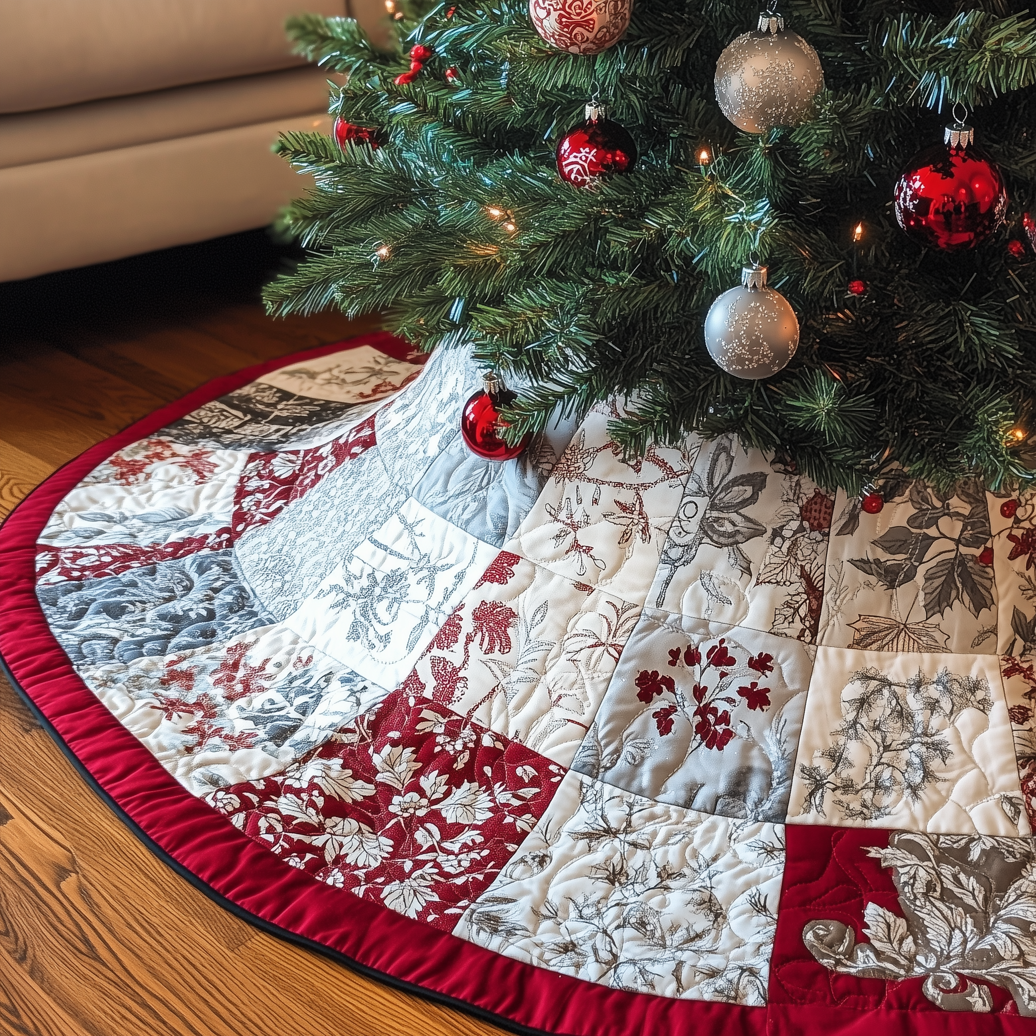 Classic Red White Patchwork Quilted Tree Skirt Festive Tree Skirt Gift Choice