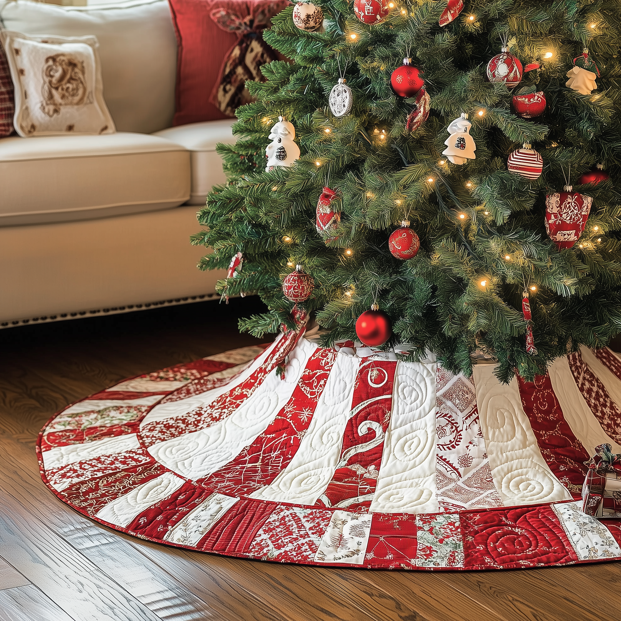 Classic Red White Patchwork Quilted Tree Skirt Holiday Living Room Decor Winter Holiday Decor