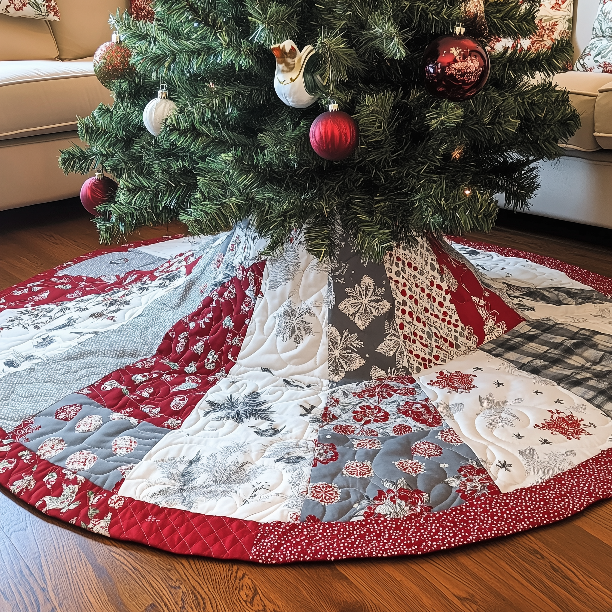 Classic Red White Patchwork Quilted Tree Skirt Holiday Tree Skirt Must-Have