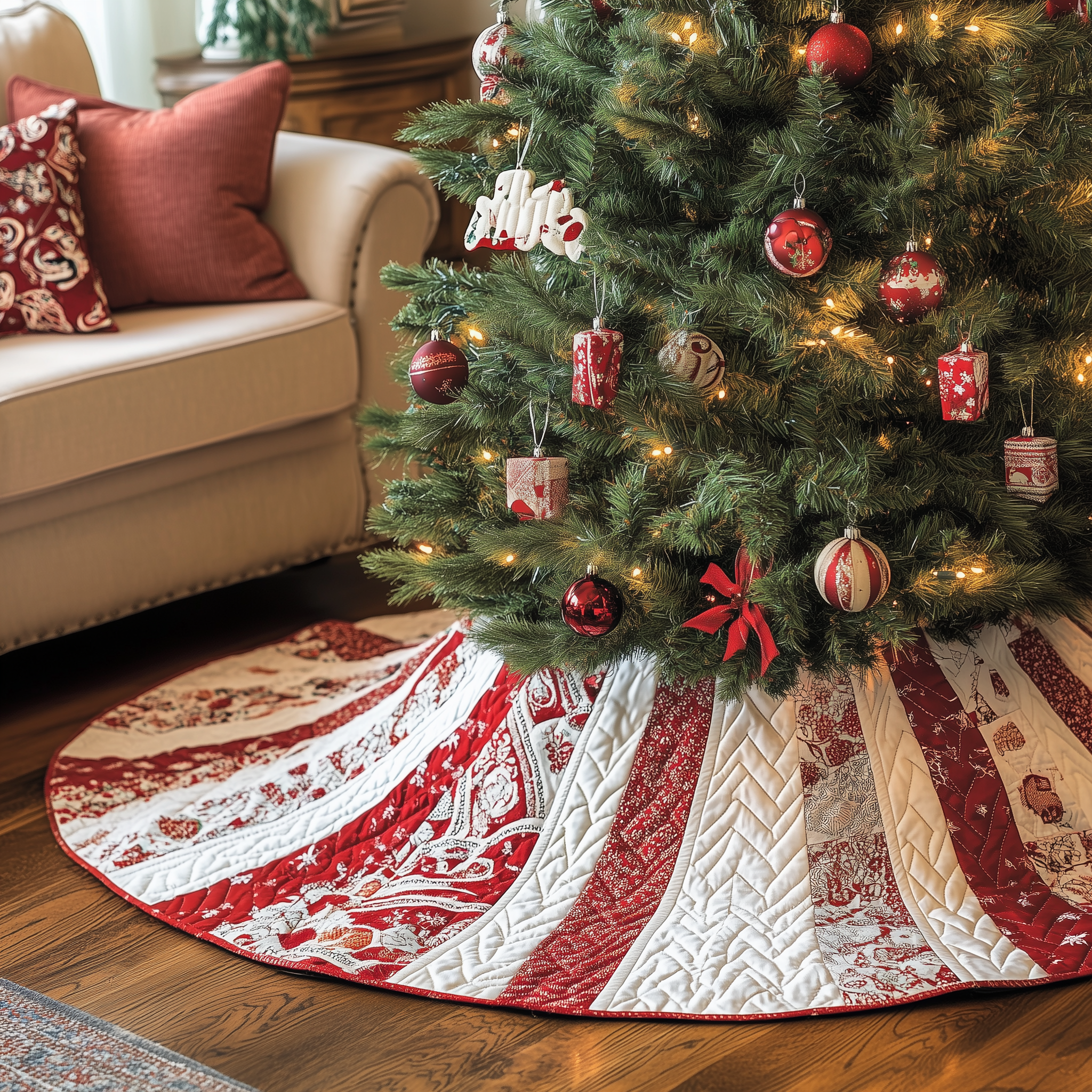 Classic Red White Patchwork Quilted Tree Skirt Seasonal Tree Area Decoration Xmas Under-Tree Decoration