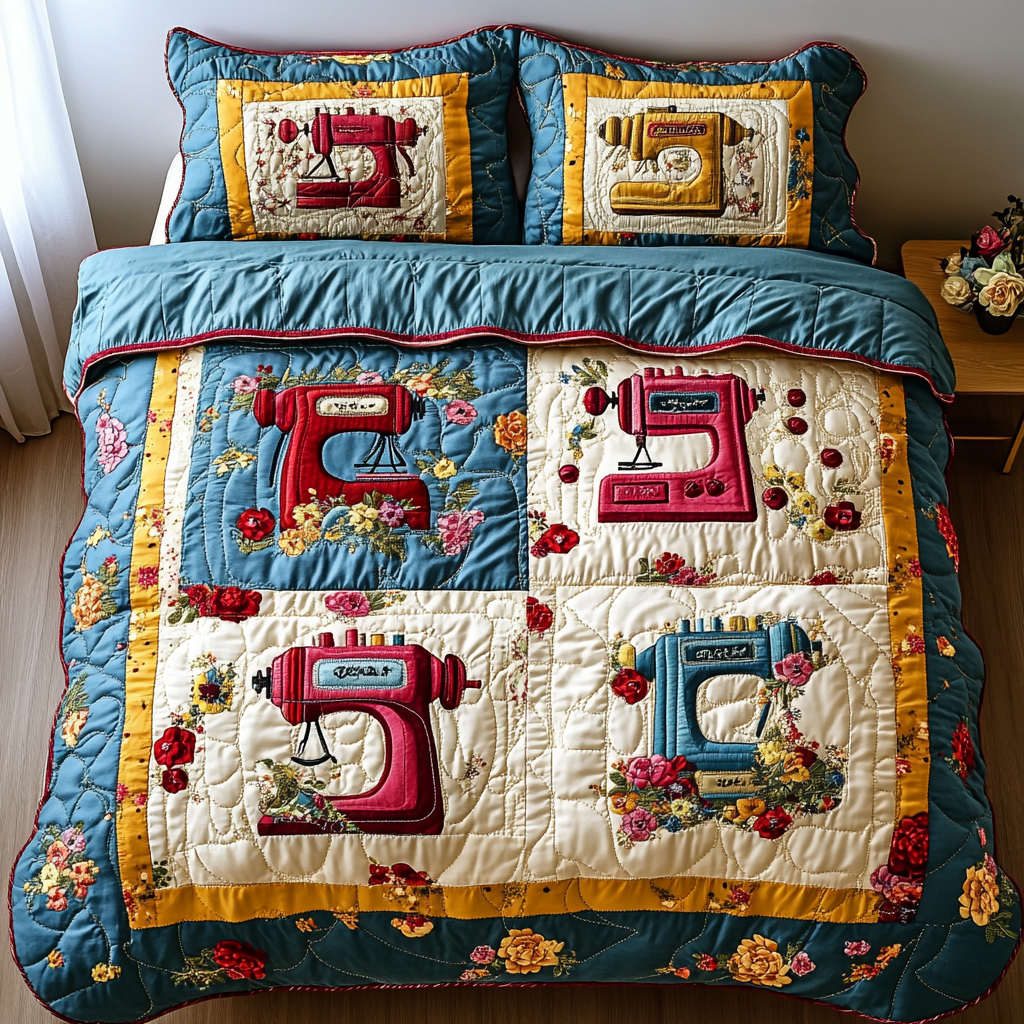 Classic Sewing Machine Quilted Bedding Set Best Bed Sheet Set Gifts For A Sewing Lover