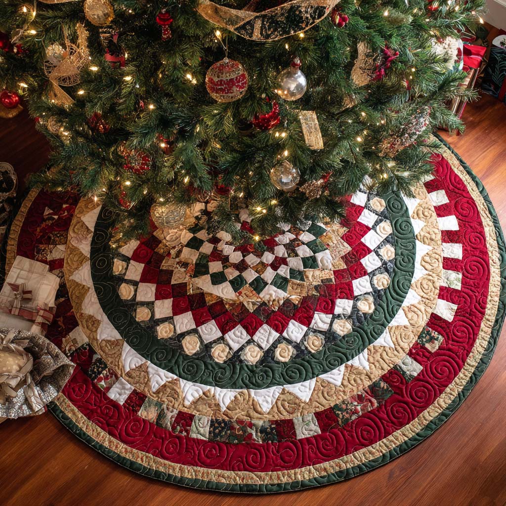 Classic Spiral Christmas Quilted Tree Skirt Holiday Merch That Completes Your Christmas Setup