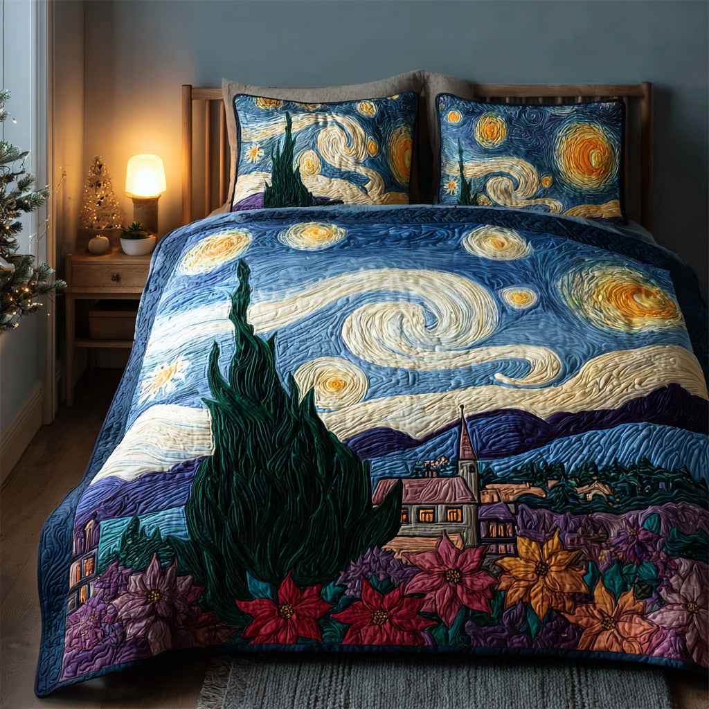 Classic Starry Night Quilted Bedding Set Bedspreads King Winter Themed Gift For Grandpa