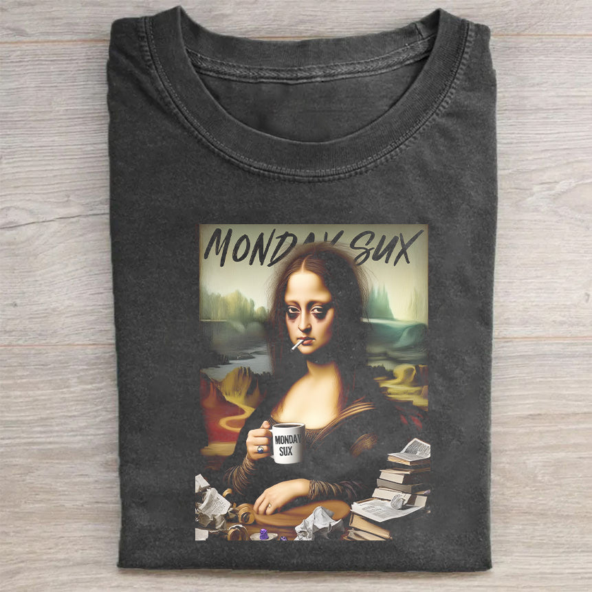 Classic T-Shirt Black Mona Lisa With Coffee Monday Sux Print For Casual Wear Funny Merch Best Gift