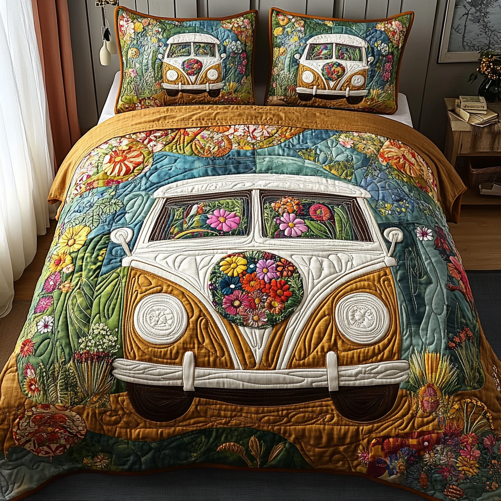 Classic Van Life Quilted Bedding Set Bedroom Decor Ideas Camping Gifts For Dad