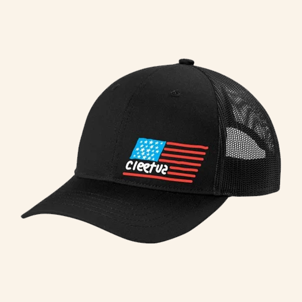 Cleetus McFarland Merch Cleetus Flag Black Trucker Hat Embroidered Gifts For Racing Lovers Cleetus McFarland Merch Cleetus Flag Black Trucker Hat Embroidered Gifts For Racing Lovers