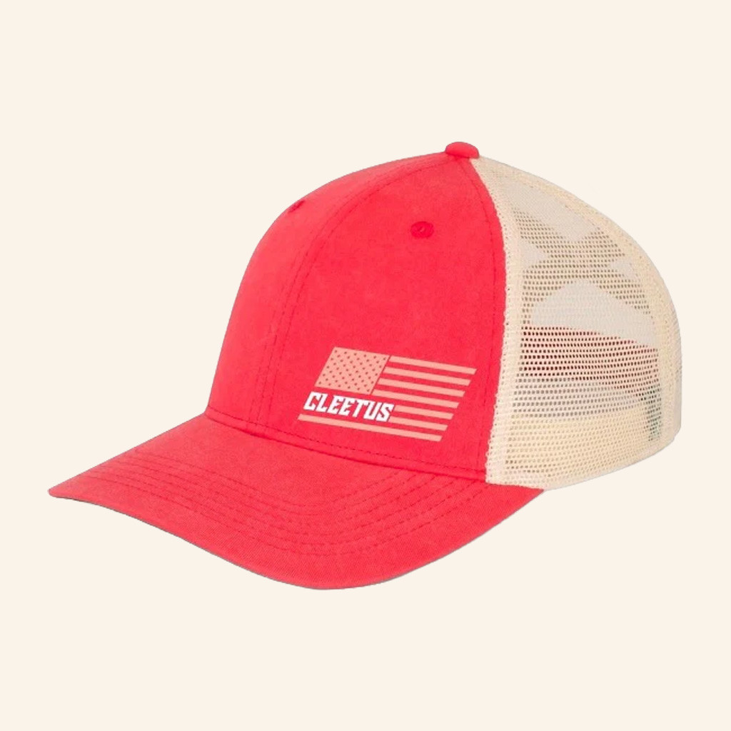 Cleetus McFarland Merch Cleetus Flag Red Trucker Hat Embroidered Gift Ideas For Racing Lovers Cleetus McFarland Merch Cleetus Flag Red Trucker Hat Embroidered Gift Ideas For Racing Lovers