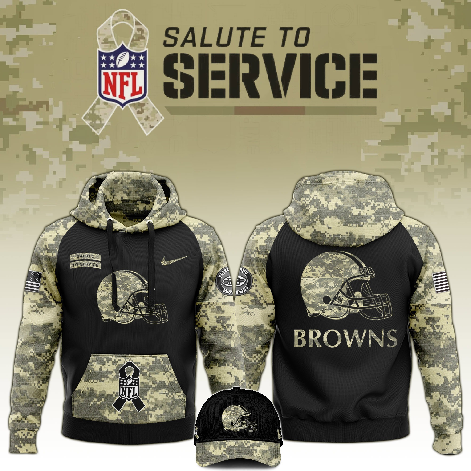 Cleveland Browns Salute to Service Club Limited Camo Hoodie And Hat Best Browns Fans Gift