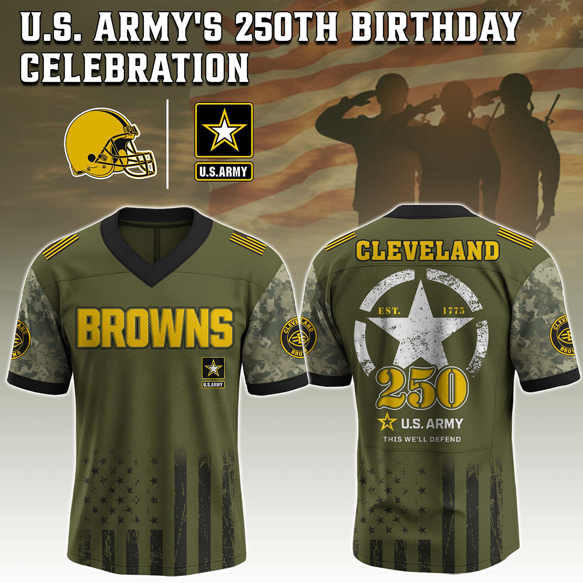 Cleveland Browns US Army 250th Anniversary Football Jersey V-Neck Gift For Browns Backers