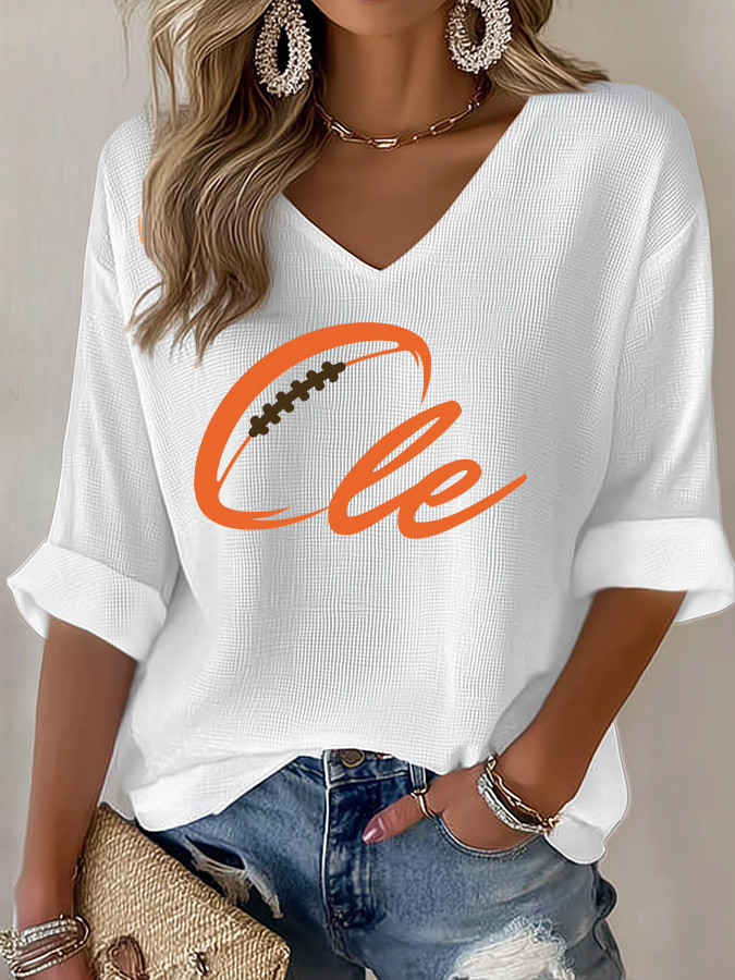 Cleveland Football Long V-Neck Shirt Gameday Clothes Football Lovers Gifts For Her